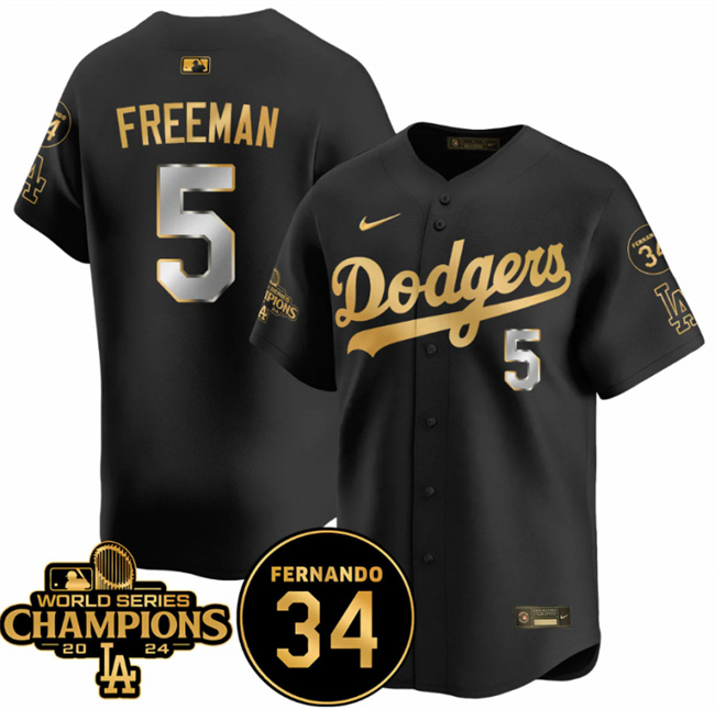 Men's Los Angeles Dodgers #5 Freddie Freeman Black/Gold 2024 World Series Champions & Fernando Memorial Patch Vapor Premier Limited Stitched Baseball Jersey Men's Los Angeles Dodgers #5 Freddie Freeman Black/Gold 2024 World Series Champions & Fernando Memorial Patch Vapor Premier Limited Stitched Baseball Jersey